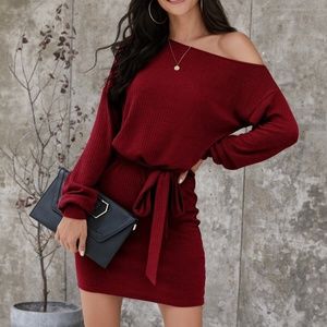Off the shoulder rib knit belted long sleeve dress